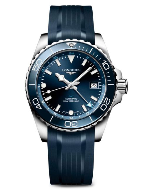 Longines Black Hydroconquest Gmt Automatic Rubber Strap Watch for men