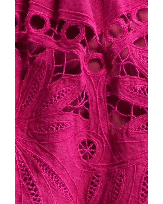 Farm Rio Pink Daisy Guipure Lace Cotton & Linen Tiered Skirt