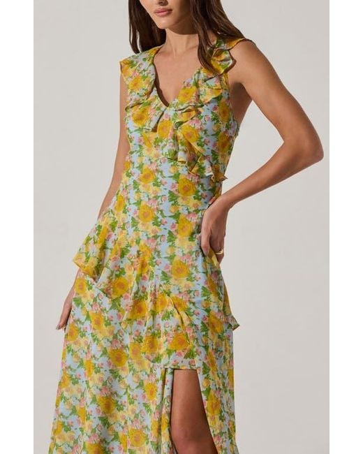 Astr Yellow Ruffle Sleeveless High-Low Midi Dress