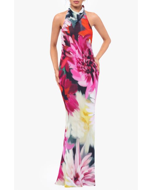 Betsy & Adam Red Floral Halter Gown