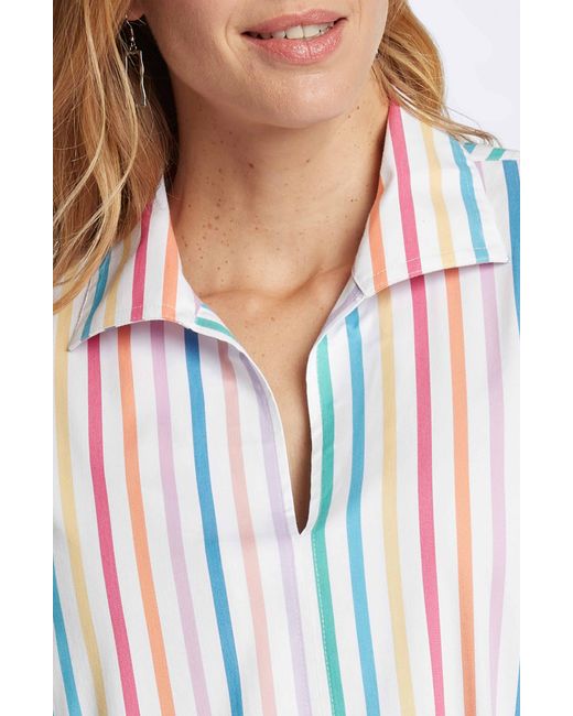 Foxcroft White Agnes Rainbow Stripe Three-quarter Sleeve Cotton Popover Top