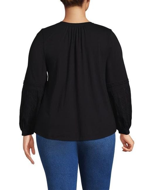 Lands' End Black Lightweight Jersey Lace Mix Long Sleeve Pintuck Top