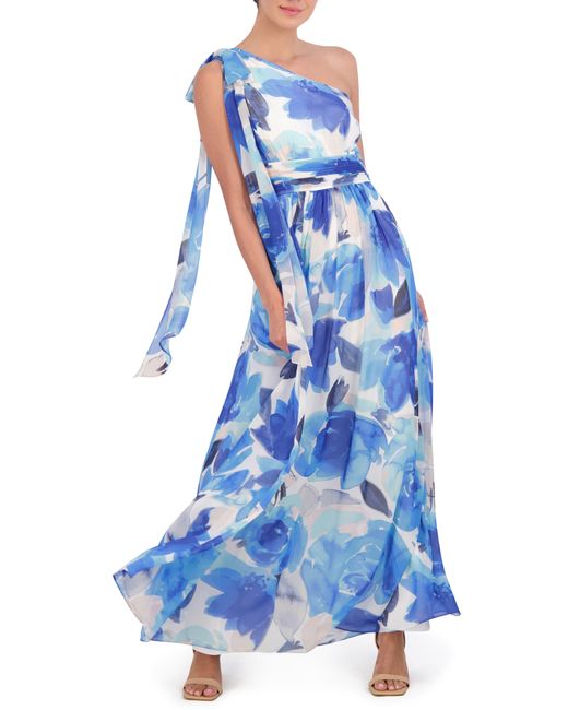 Eliza J Blue Floral One-shoulder Gown