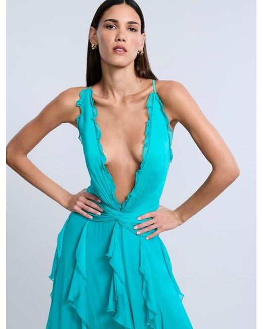 bcbg blue halter dress Fab! BCBG MAXAZRIA blue SATIN RUFFLE LAYERED HALTER DRESS sz 2 BEADED SILK SEXY!