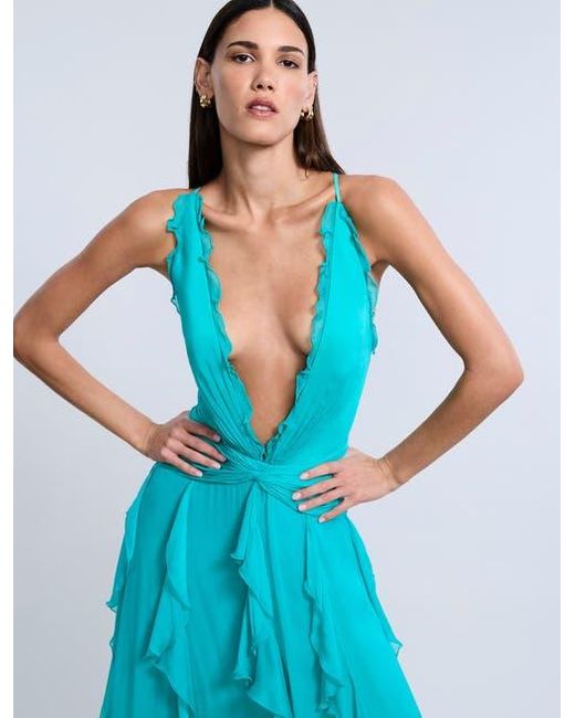 BCBGMAXAZRIA Blue Ruffle Halter Chiffon Gown