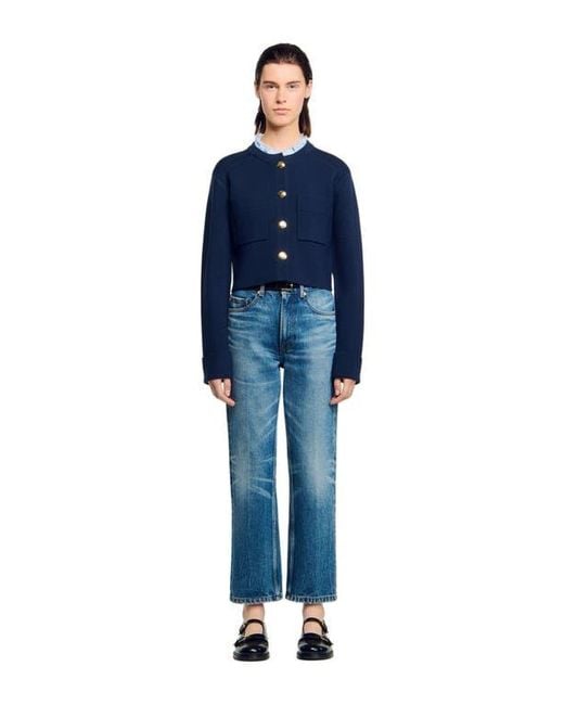 Sandro Blue Cardigan With Detachable Ruffle Collar