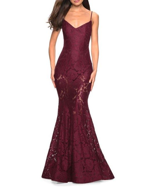 La Femme Long Form Fitting Lace Prom Dress With Attached Shorts in Red | Lyst La Femme Long Form Fitting Lace Prom Dress With Attached Shorts in Red | Lyst