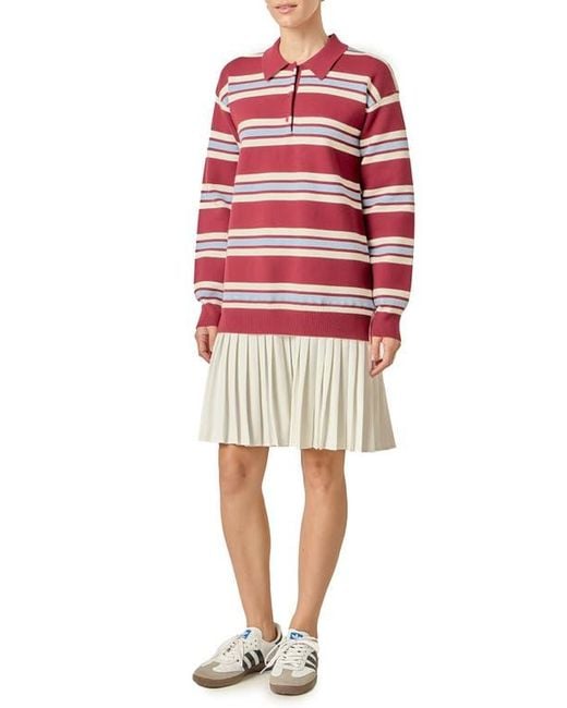 English Factory Red Stripe Long Sleeve Mixed Media Dress