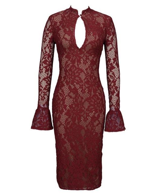House Of Cb Pierette Cutout Detail Long Sleeve Lace Body-Con Dress in Red