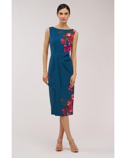 Kay Unger Blue Devin Placement Print Pleated Midi Cocktail Dress