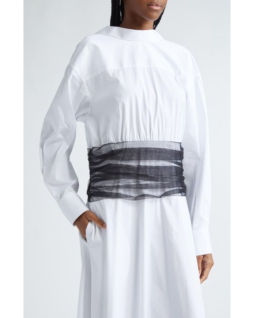 Renaissance Renaissance White Drew Tulle Waist Long Sleeve Poplin Shirtdress