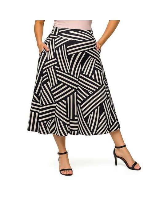 24seven Comfort Apparel Black Maternity Geometric Print Elastic Waist Pocket Midi Skirt