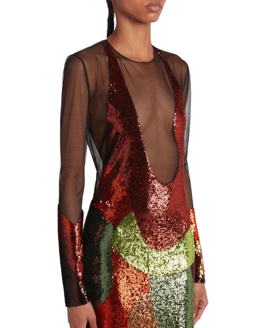 Tom Ford Red Long Sleeve Sequin & Mesh Gown