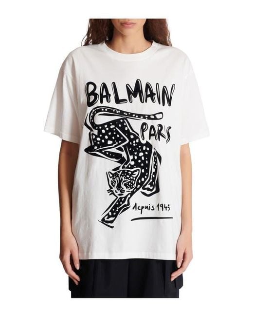 Balmain White Short-Sleeved T-Shirt With Leopard Print