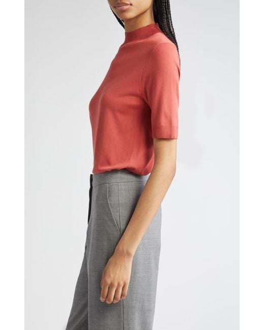 Lafayette 148 New York Red Mock Neck Short Sleeve Sweater
