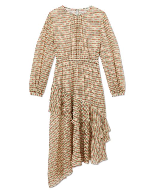 L.K.Bennett Natural Bea Print Ruffle Asymmetric Long Sleeve Silk Midi Dress
