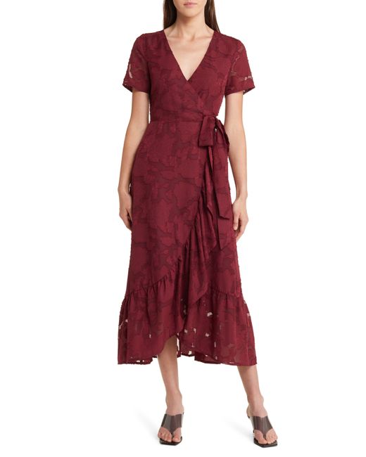 Lulus Red Blissfully Floral Jacquard Midi Wrap Dress