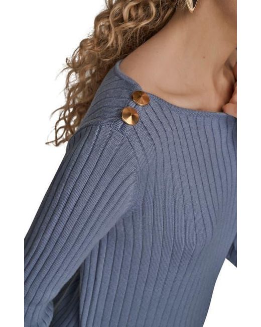 Donna Karan Blue Button Shoulder Boat Neck Rib Sweater