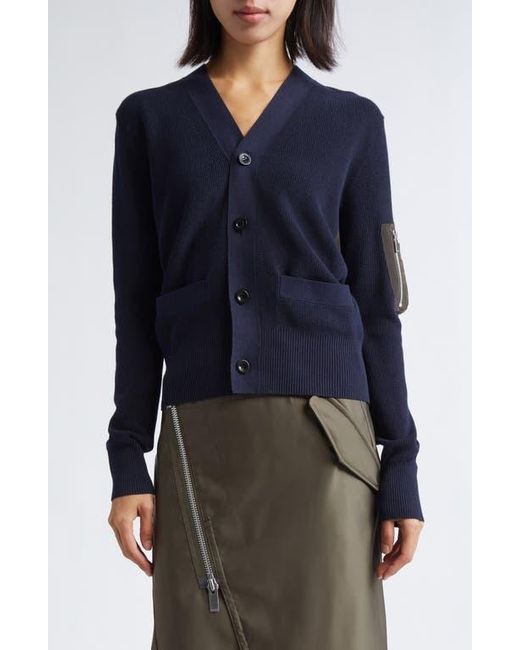 Sacai Mixed Media Nylon Twill & Knit Cardigan in Blue | Lyst