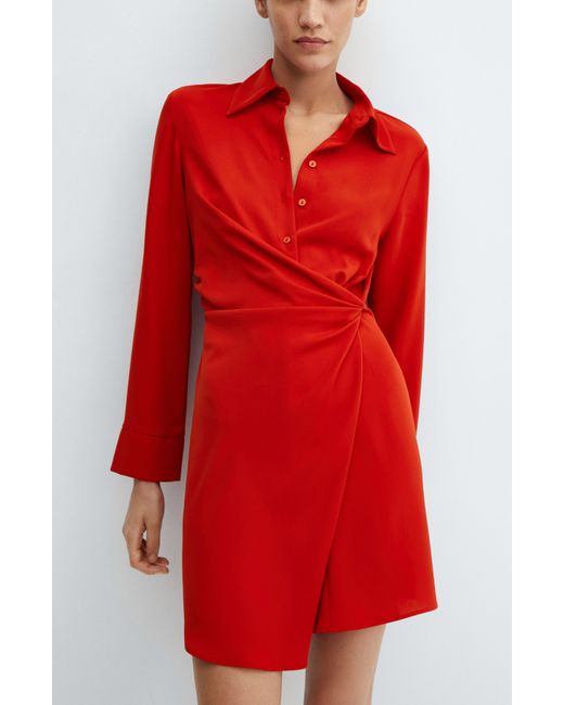 Mango Red Draped Long Sleeve Faux Wrap Shirtdress