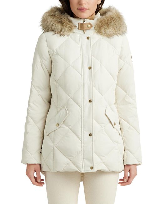Lauren by Ralph Lauren Natural Diamond Faux Fur Trim Quilted Down & Feather Fill Hooded Puffer Coat