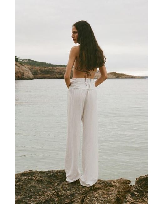 Mango White Drape Waist Wide Leg Linen Blend Pants