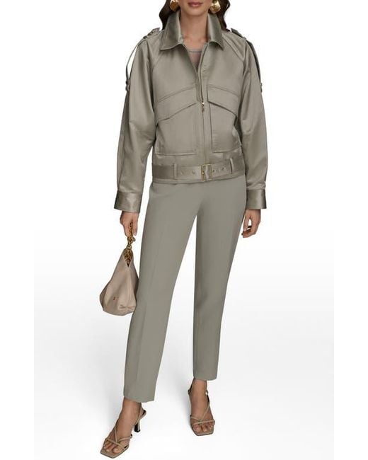 Donna Karan Gray Belted Satin Bomber Jacket