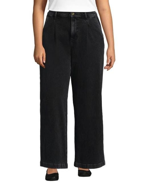 Lands' End Black High Rise Soft Denim Pleated Wide Leg Trousers