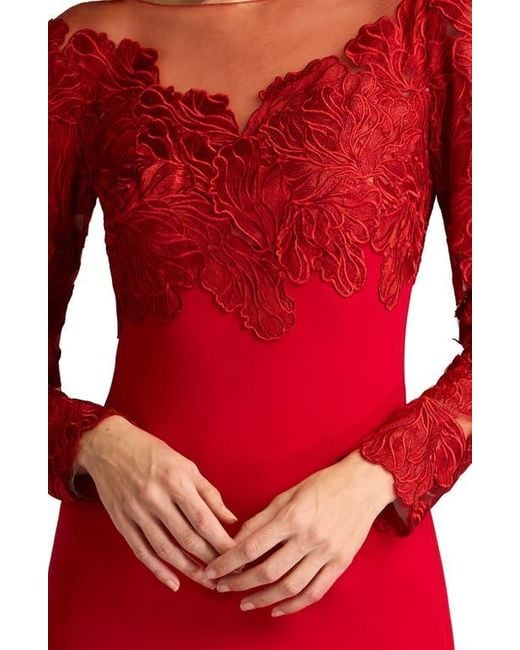 Tadashi Shoji Red Lace Bodice Long Sleeve Cocktail Sheath Dress