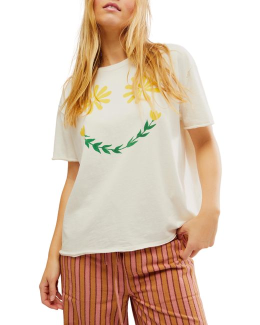 Free People Gray Sunshine Smiles Oversize Cotton Graphic T-shirt