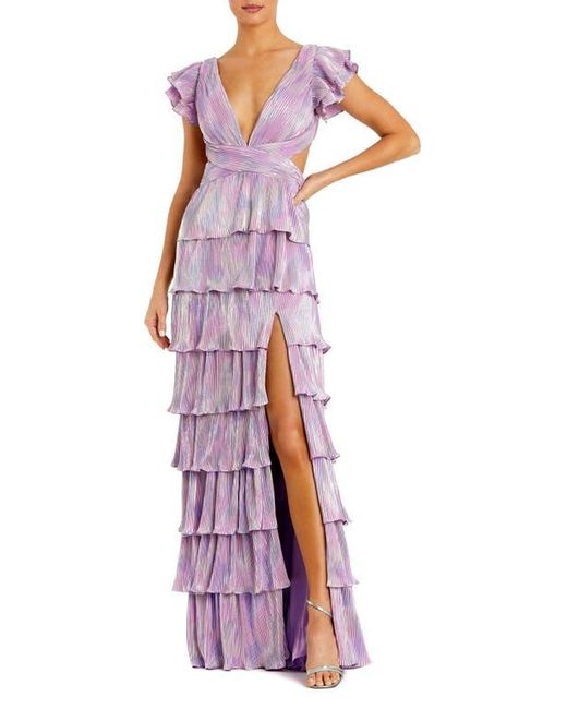 Mac Duggal Purple Ruffle Tiered Criss Cross Lace Up Gown