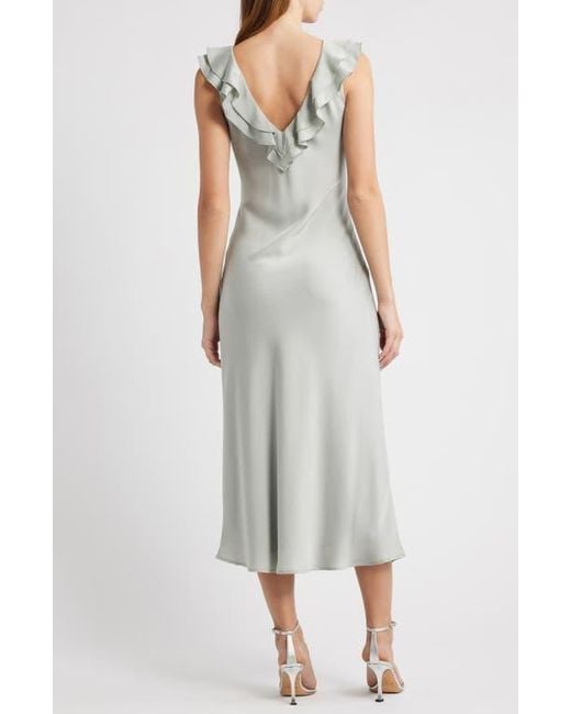 Wayf White Lida Ruffle Cap Sleeve Satin Midi Dress