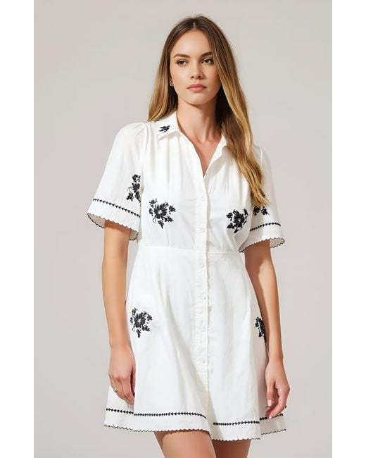 Modenaire White Scalloped Trim Short-Sleeve Button-Front Embroidered Shirt Dress