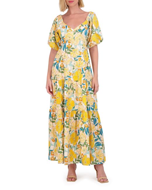 Vince Camuto Yellow Floral Puff Sleeve Open Back Maxi Dress