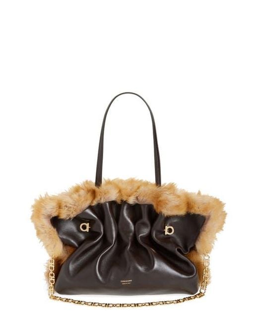 Ferragamo Black Medium Gancio Piercing Soft Leather & Genuine Shearling Shoulder Bag