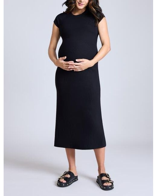 Motherhood Maternity Black Rib Knit Short Sleeve Raglan Midi Dress