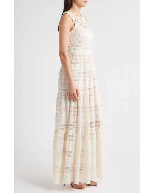 Eliza J Natural Mixed Media Embroidered Lace Maxi Dress