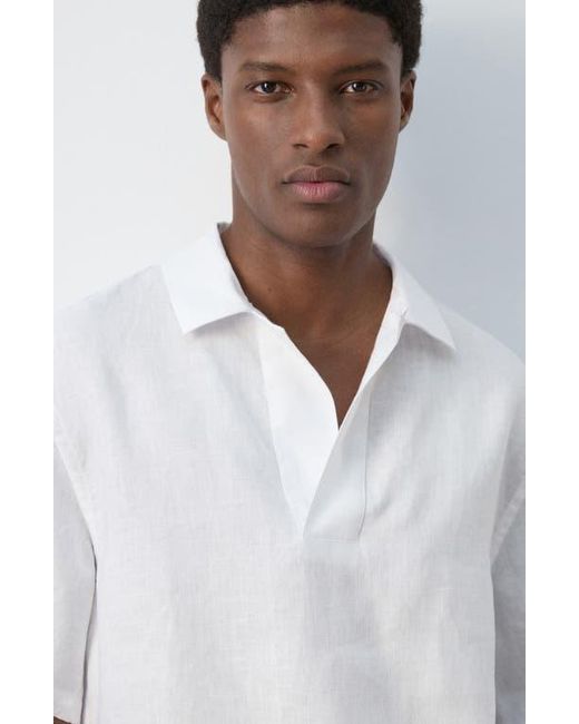 Mango White Solid Slub Linen Polo for men