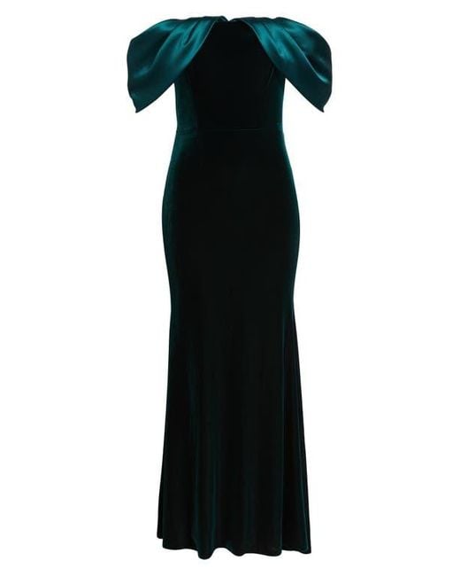 Eliza J Black Off The Shoulder Satin & Velvet Mermaid Gown