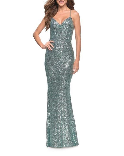 La Femme Blue Soft Sequin Long Gown With Lace Up Back