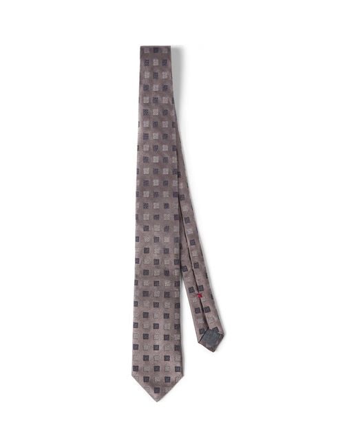 Brunello Cucinelli Gray Silk Tie With Squares Pattern for men