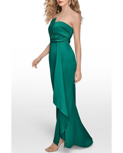 Donna Karan Green Asymmetric Strapless Satin Gown