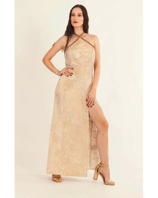Ras Natural Athena Halter Gown With Slit