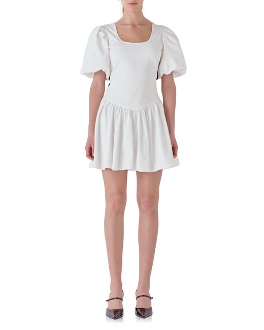 Endless Rose White Contrast Bow Puff Sleeve Minidress