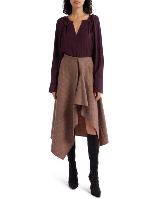 A.L.C. Navy Plaid Drape Handkerchief Hem Skirt in Brown Lyst