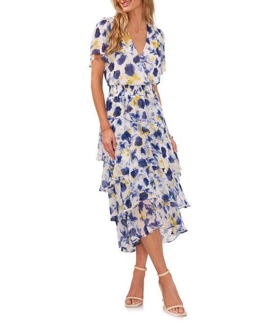 Vince Camuto Blue Floral Tiered Midi Dress