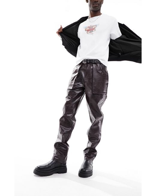 ASOS Croc Embossed Faux Leather Cargo Pants in Black for Men Lyst