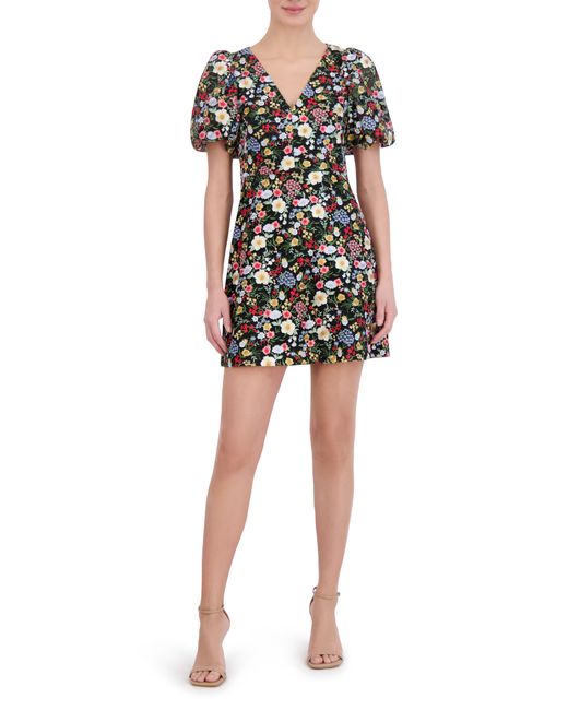 Eliza J Floral Puff Sleeve Minidress in Black | Lyst