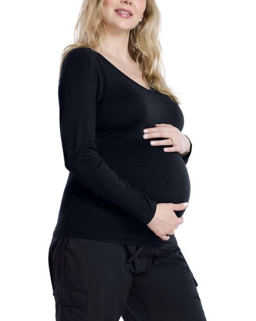 Motherhood Maternity Black V-Neck Side-Ruched Maternity Long Sleeve Tee