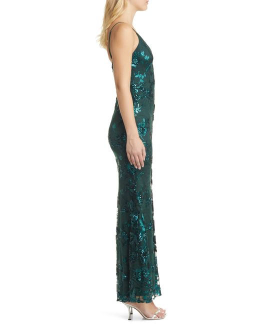 Lulus Green Shine Language Floral Sequined Lace Gown
